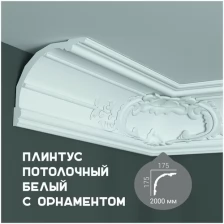 Карниз с орнаментом Fabello Decor C 156, плинтус потолочный белый грунтованный из полиуретана, профиль для потолка, 175*175*2000 мм